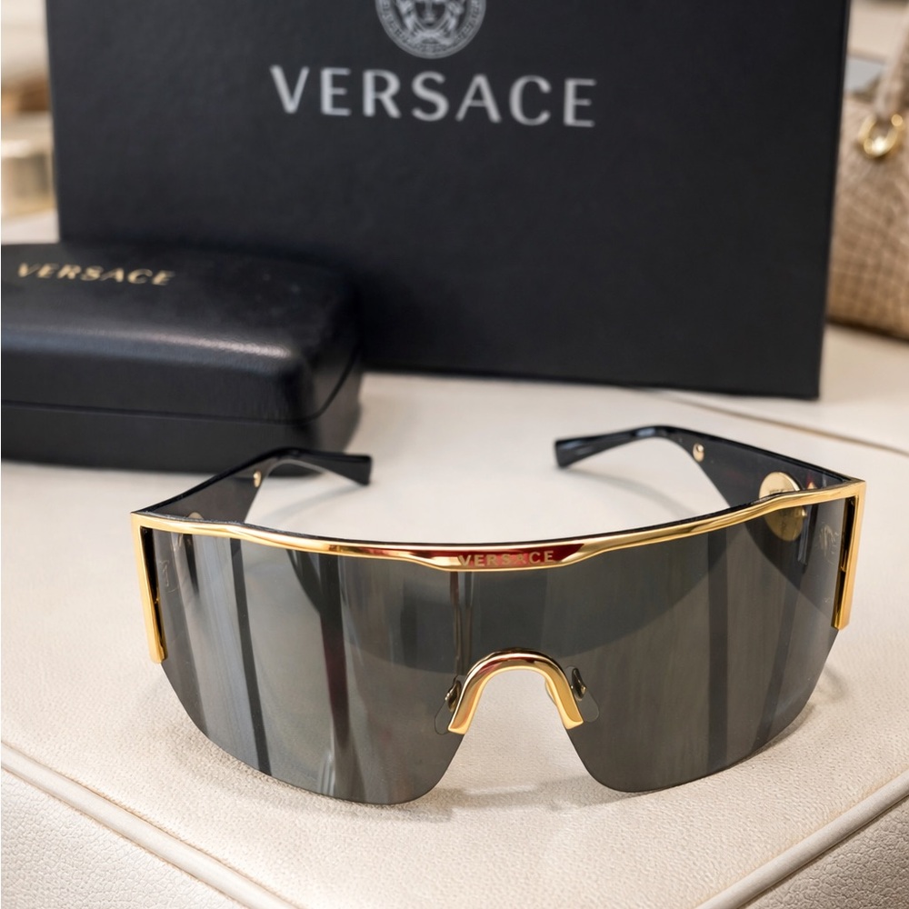 Unisex Versace Gold Trim Shield Sunglasses with Black Lens